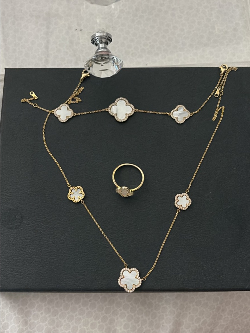 Rachel Zoe sterling silver Gold and White Mother-of-Pearl Clover Necklace Set